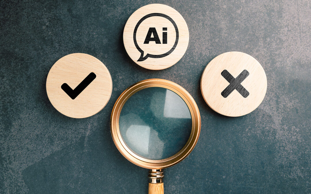 Symbolbild KI Kennzeichnungspflicht – Lupe mit drei Icons: AI und Haken für check, Kreuz für nicht erfüllt